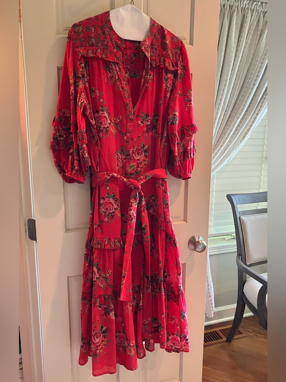 sundays Red Floral Maxi Dress with Belted Waist
